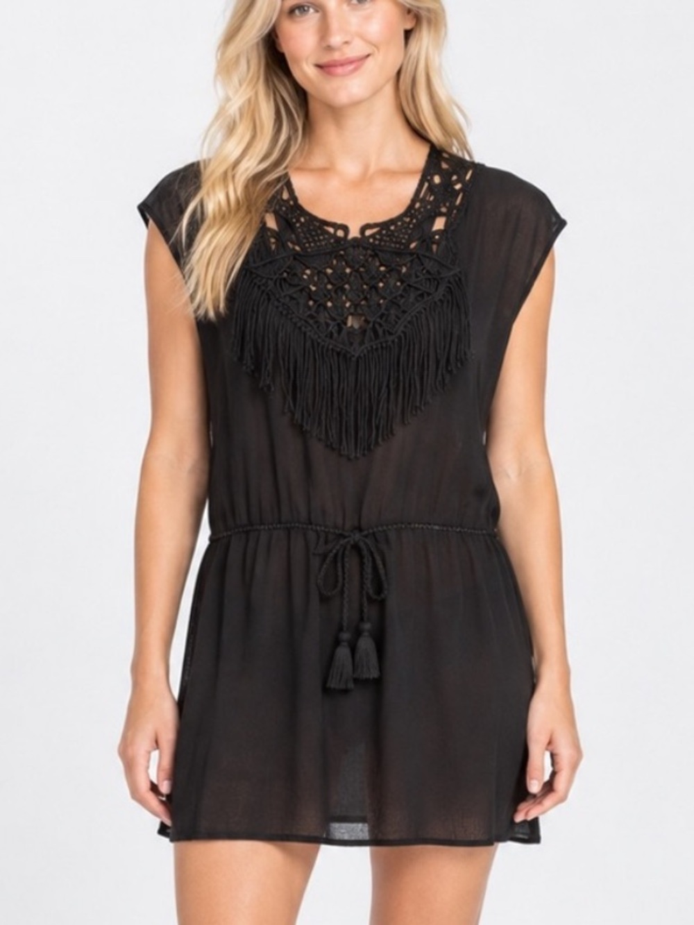 Ulla Johnson Black Crochet Fringe Tassel Boho Mini Dress Size 4